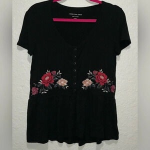 American Eagle Soft & Sexy Black Floral Embroidered Top